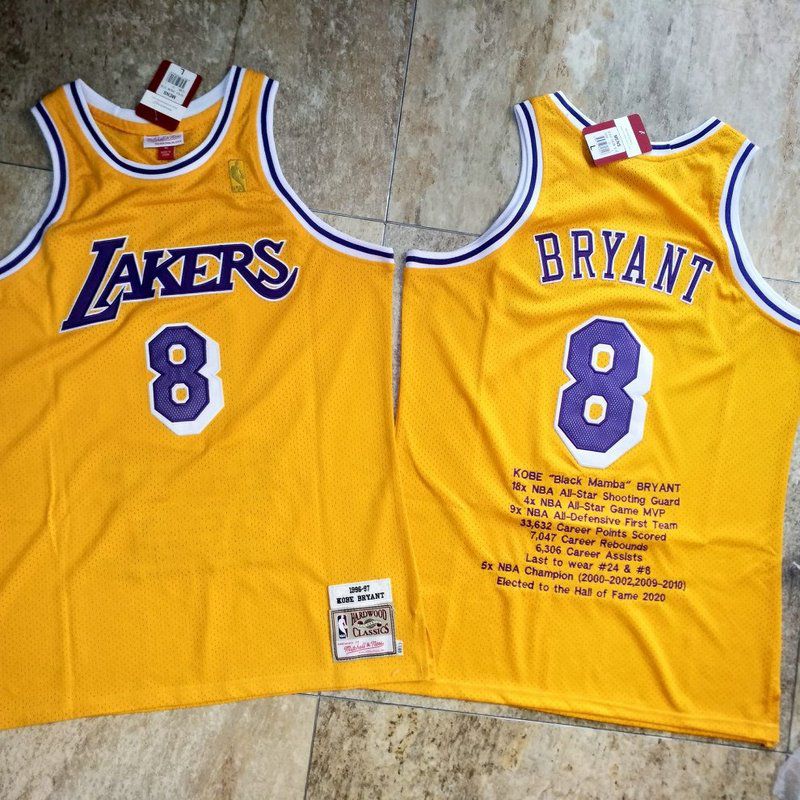 Men Los Angeles Lakers #8 Bryant Yellow Career honor English embroidered version NBA Jerseys